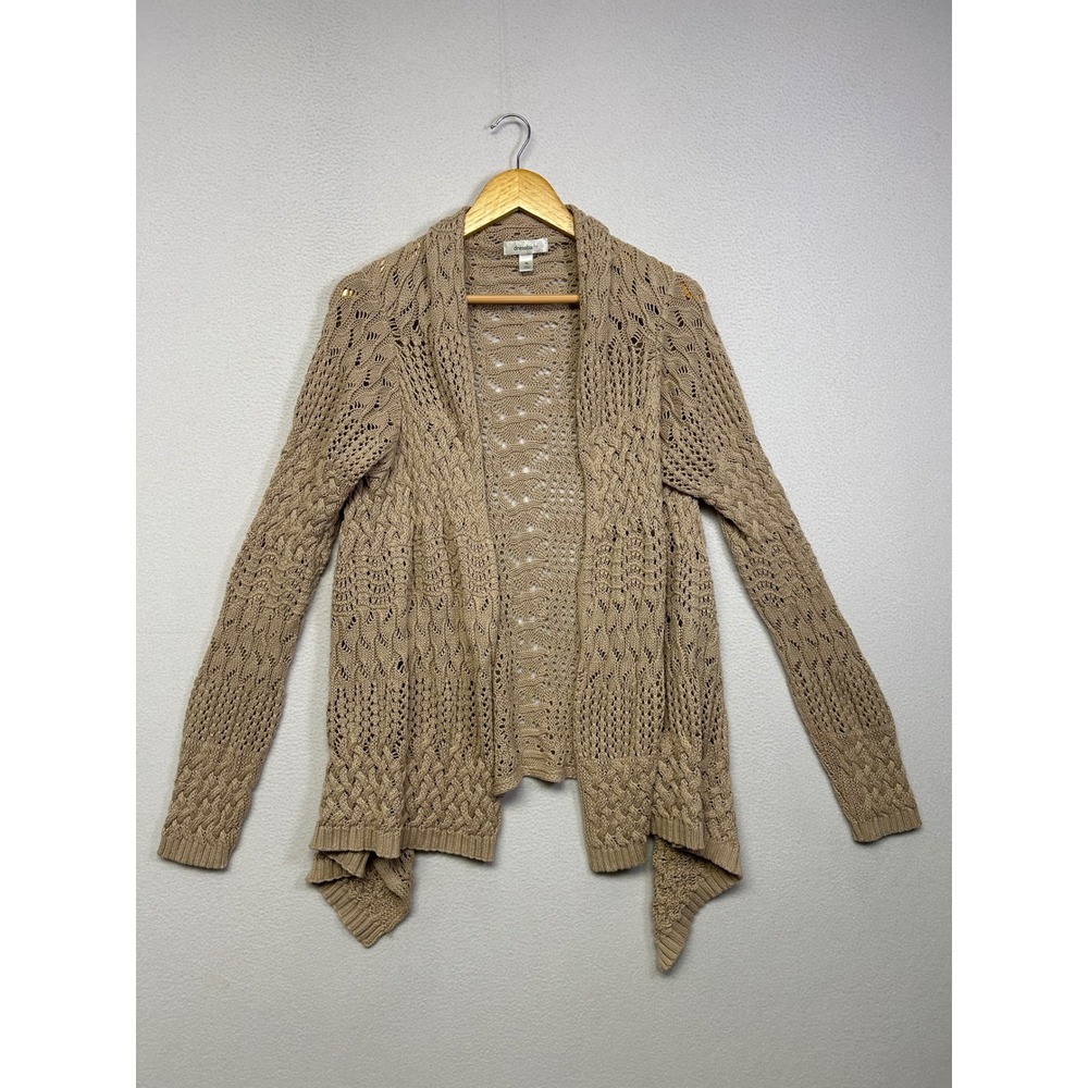 Boho Crochet Dressbarn Women XL Tan Pointelle Open Front Sharkbite Cardigan